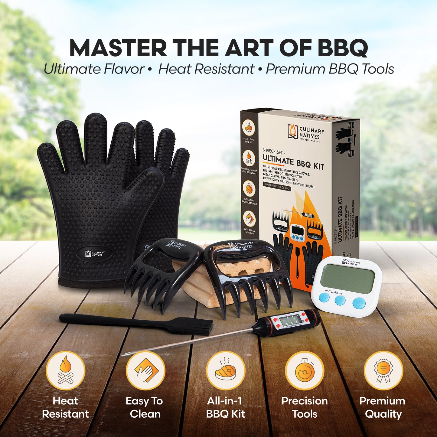 ULTIMATE KIT - Smoker Accessories Set - Silicone Grill Gloves, Meat Claws, Thermometer, Timer & Brush - for Cooking BBQ Smoker & Baking - Gifts & Tools (Black)