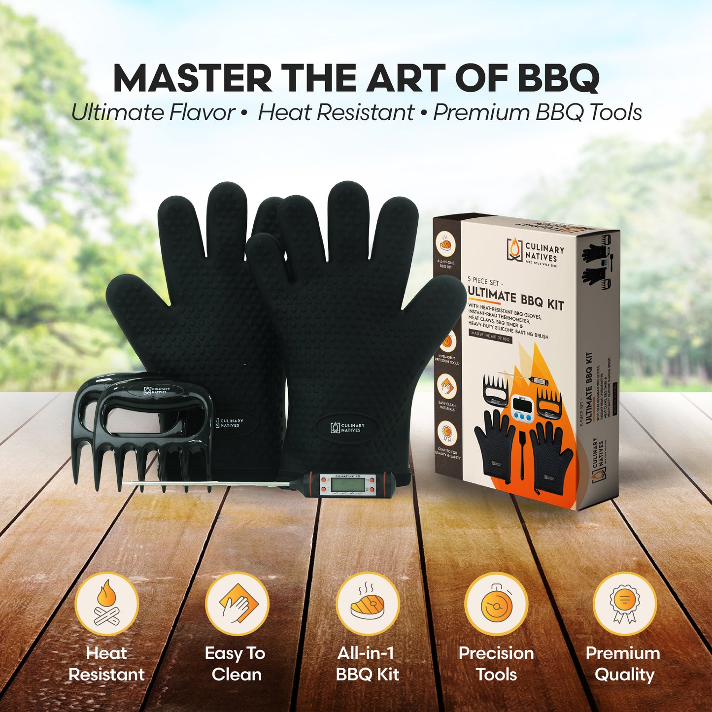 STARTER KIT - Smoker Accessories Set - Grilling Gloves, Meat Claws for Pulled Pork and Thermometer - BBQ Gifts & Tools for Cooking Barbecue & Baking (Black)