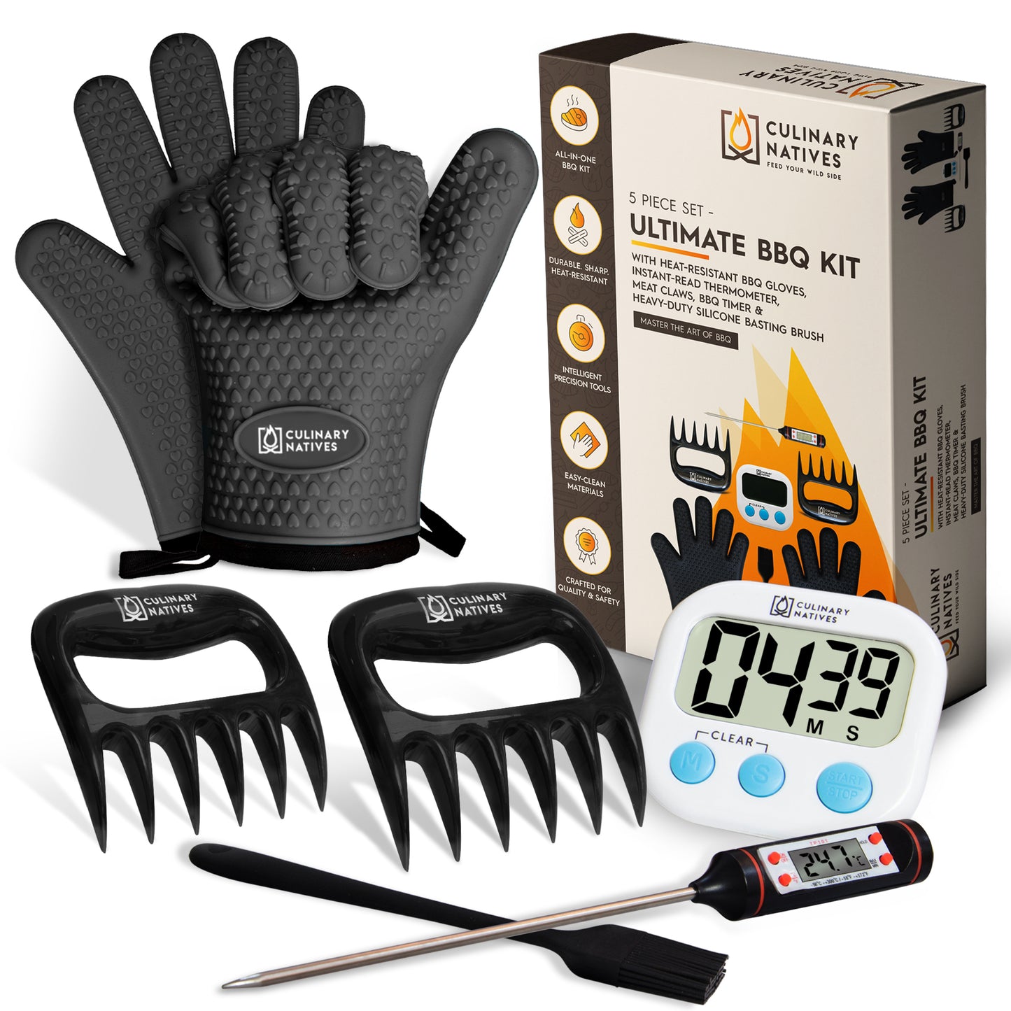 ULTIMATE KIT - Grilling Gloves, BBQ Claws, Thermometer, Timer and Brush - Smoker Accessories for Cooking Barbecue & Baking - BBQ Gifts Set & Tools (Black)