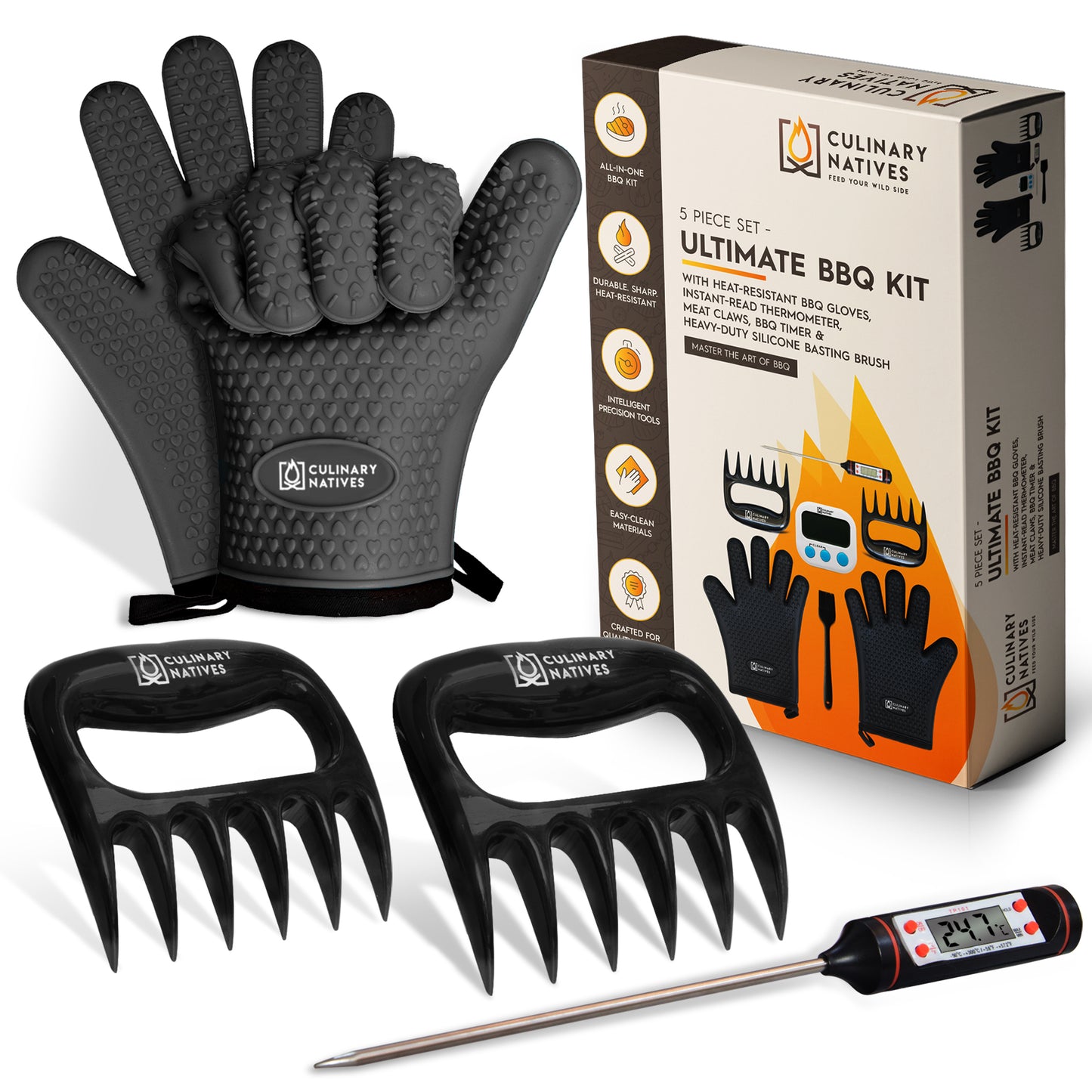 STARTER KIT - Smoker Accessories Set - Grilling Gloves, Meat Claws for Pulled Pork and Thermometer - BBQ Gifts & Tools for Cooking Barbecue & Baking (Black)