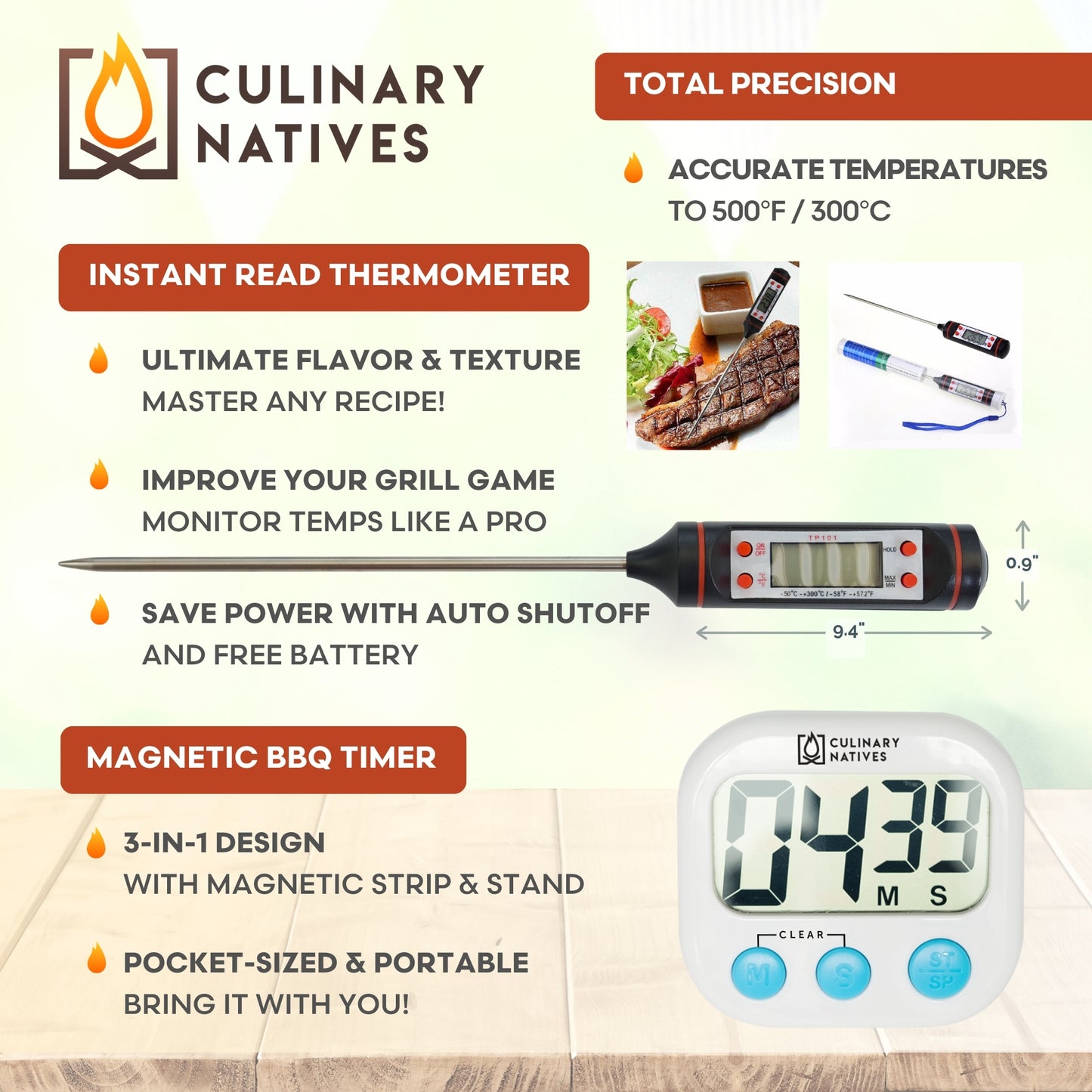 Digital BBQ Thermometer and BBQ Timer to Cook Meat to Perfection by CULINARY NATIVES